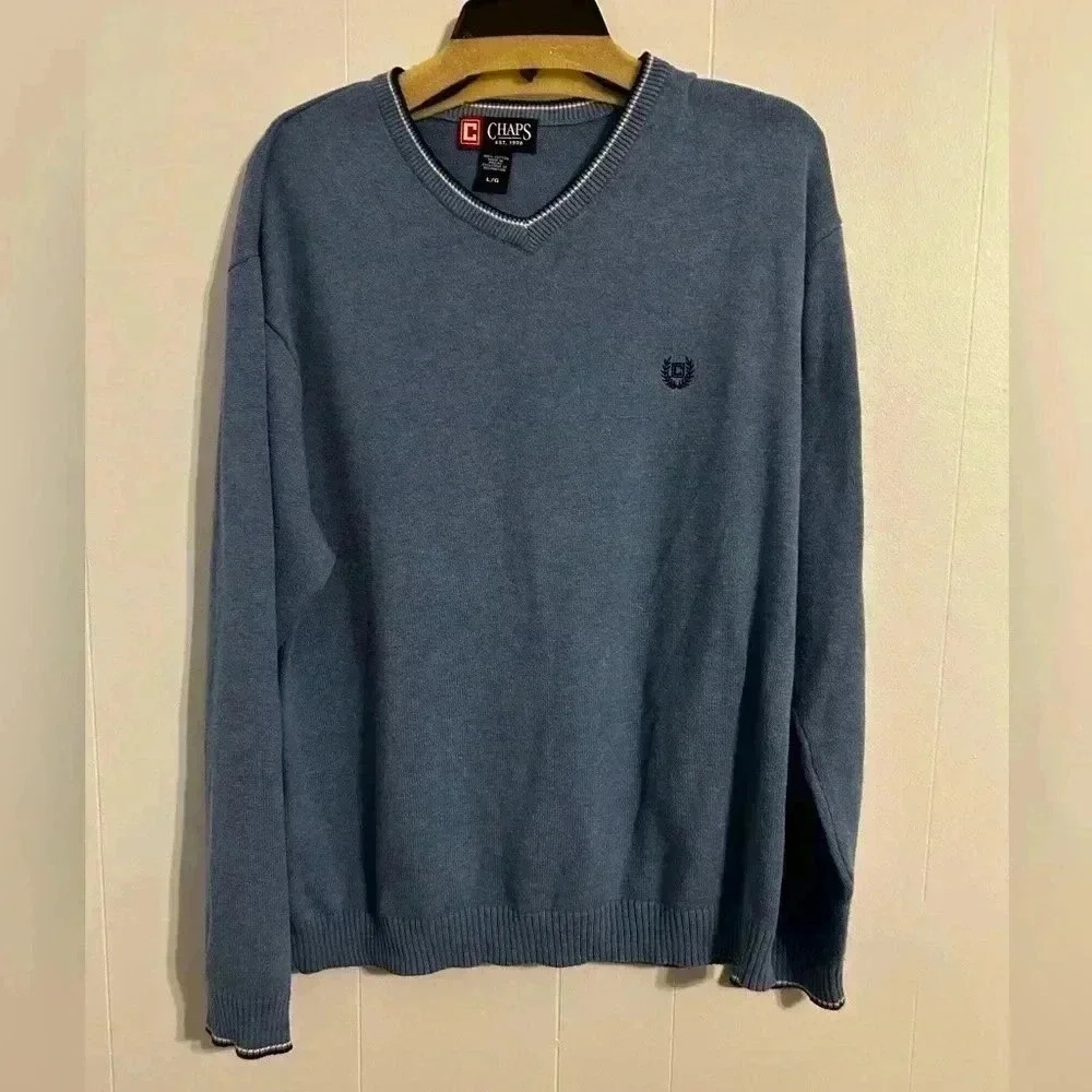 Chaps Mens Blue V-Neck Long Sleeve Embroidered Logo Knit Sweater Large